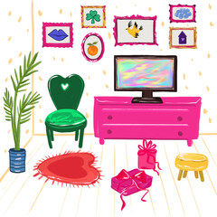 Cute bright living room interior, hand-drawn pencil technique. Painted furniture, pictures on the wall, cute rug, gift boxes with bows.  
