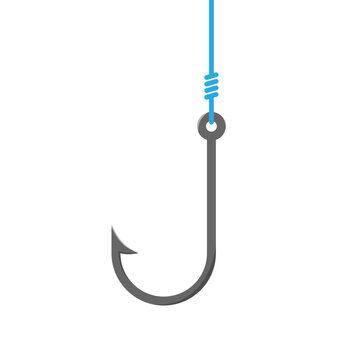Fishhook on light background. Fishing symbol. Trap, lure, fish, angler, fisher signs. Scam concept. Flat design with shadows. Vector illustration.