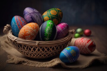 Colorful easter eggs in basket