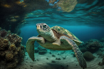 Naklejka na ściany i meble Underwater shot of sea green turtle. Generative AI.