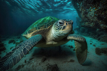 Naklejka na ściany i meble Underwater shot of sea green turtle. Generative AI.