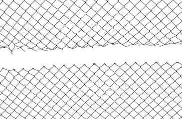 Wire fence or metal net on sunset background. isolated on white background. hole in net. Wire mesh fence, Rabitz net. illustration