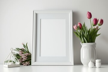 a vase of tulips and an empty frame on a dresser next to a white wall. Generative AI
