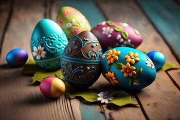 Fototapeta na wymiar Beautiful colorful easter eggs on blue wooden