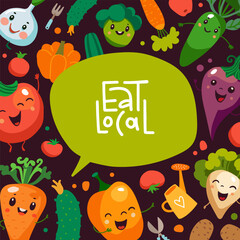 Cute cartoon vegetables banner template with lettering typography - Eat local. Farmers market concept illustration with cute vegetable characters with smiling faces. Vector eps10