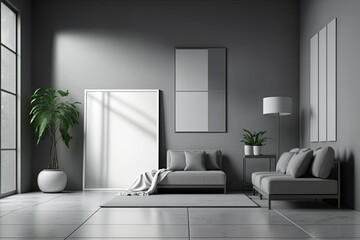 Gray minimalist furniture, windows, and natural light. fashion, design, minimalism. Generative AI