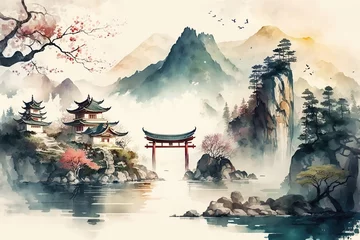 Poster Lake and mountain landscape in Chinese style.Beautiful print for your decor and design. Generative ai © Zaleman