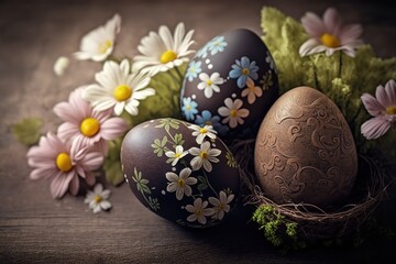 Fototapeta premium Beautiful colorful easter eggs on wooden
