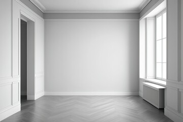 Obraz premium Window, wood parquet flooring, white and gray room color, empty flat. design mockup. Vacant. Generative AI