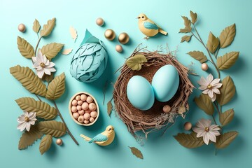 Easter poster and banner template with Easter eggs in the nest on light blue background.Greetings and presents for Easter Day in flat lay styling.Promotion and shopping template for Easter