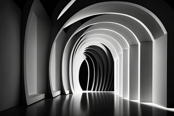Elegant, simple, and parametrically abstract architectural backdrop. Display area that looks like the future. In this case, the black modern tunnel is an exhibition tunnel. There is nobody in the gall