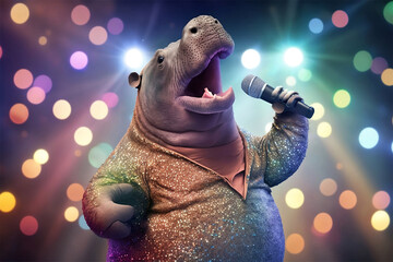 Funny happy hippo singing in the karaoke party on a stage. Generative AI - obrazy, fototapety, plakaty