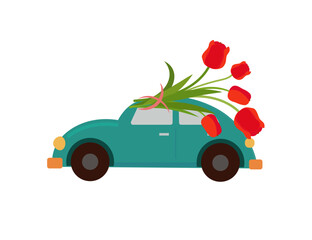Car and a bouquet of flowers (tulips). Holiday March 8, mother's day. Postcard. Vector icon - 574704056