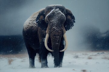 portrait of a extinct mammoth in a snow storm during the last ice age, generative ai