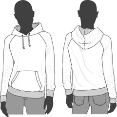 Women's Raglan Pullover hoodie Sweatshirt top Model Mockup Sketch Template Technical CAD Illustration