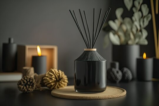 Aromatherapy mockup, black scented candles with aroma reed diffuser on wooden shelf,. Generative AI