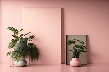 Plant against pink wall mockup. Generative AI