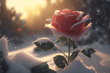 Rose, snow, sun created with Generative AI technology
