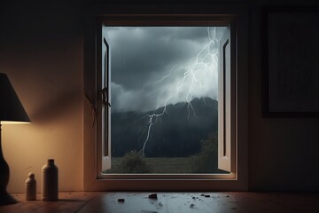 Storm, rain, thunder - open window created with Generative AI technology
