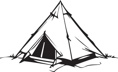 Illustration of a prefabricated modern tent in black and white 2D form. Using medium ink style. Tent design uses basic shapes such as domes and cones.