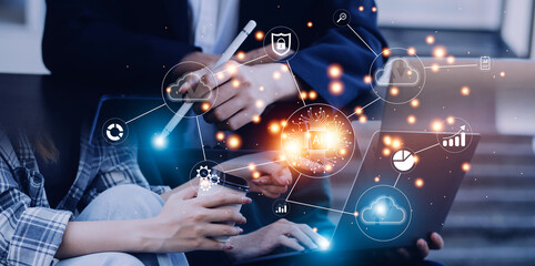 Digital transformation change management, internet of things. new technology bigdata and business process strategy, customer service management, cloud computing, smart industry. Ai technology.