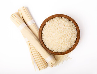 Dried raw rice noodles isolated on white background.