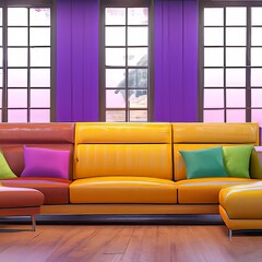 Best Interior of a Colorful Retro Living Room, Leather Sofa, Big Windows, Happy Wall Color, 3d Render, 3d illustration Background Ai