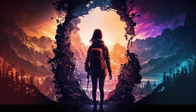 Generative AI illustration of interdimensional traveler with backpack and baggage