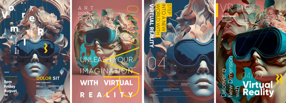 VR glasses. Posters in the style of fashion photography. Set of vector illustrations. Typography poster design and vectorized 3D illustrations on the background.