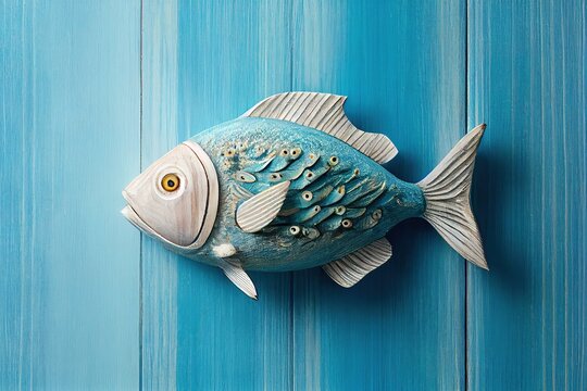 Toys Wooden Carved Fish On A Blue Insulated Background. Generative AI