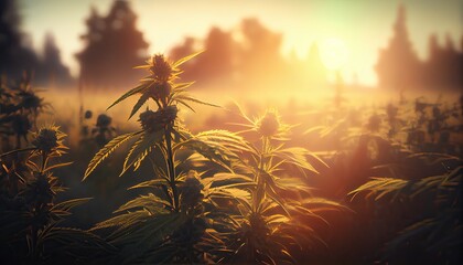 Obraz premium Mature Hemp Flower Cola Top with Green Leaves, Farm and Mountains in Background, Organic Cannabis Sativa Female Plant Grown in Oregon for CBD, Side View with Landscape. Generative Ai