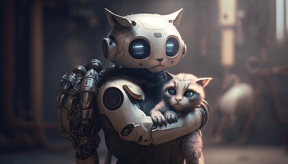 Obraz na płótnie Canvas Cat robot futuristic holding a kitty