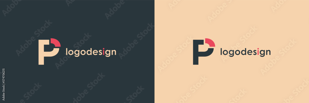 Poster simple initial letter p logo. blue and red shape p letter cutout style isolated on double background