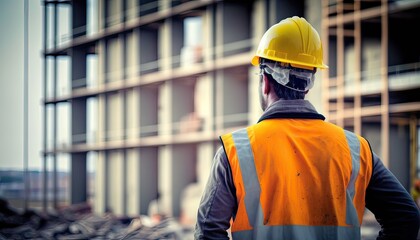 Construction concept. at back of the construction worker head which is wearing the safety helmet and checking work at the construction site. Non-existent person. Generative Ai
