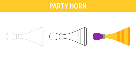 Party Horn tracing and coloring worksheet for kids
