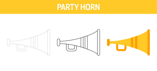 Party Horn tracing and coloring worksheet for kids