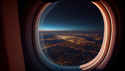 City view from a window plane on a flight to travel with navy blue sky and clouds background. Generative Ai