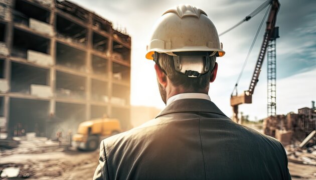 Construction concept. at back of the construction worker head which is wearing the safety helmet and checking work at the construction site. Non-existent person. Generative Ai