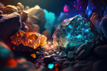 colorful gemstones and crystals in a cave, Generative AI