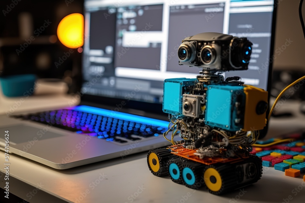 Aufkleber robot connection with laptop.futuristic, modern illustration. innovative technologies. generative ai