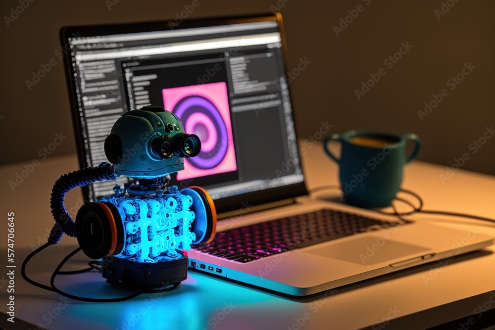 Aufkleber robot connection with laptop.futuristic, modern illustration. innovative technologies. generative ai