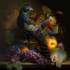 Pheasant with fruits, still life paint, generative ai