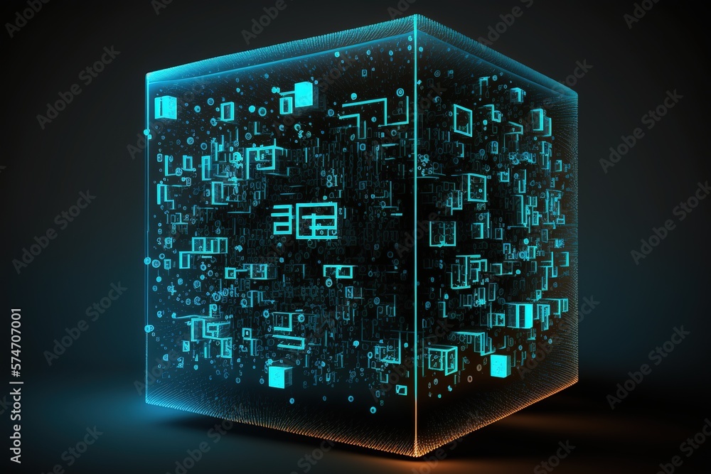 Poster Cube or box consists matrix of digits.Futuristic, modern illustration. Innovative technologies. Generative ai