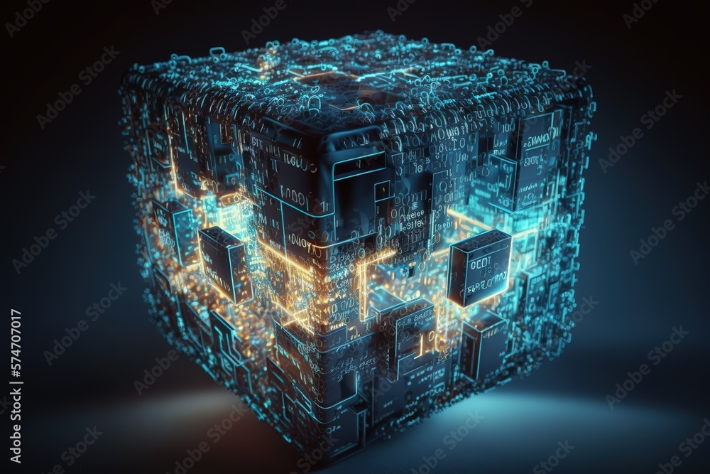 Poster Cube or box consists matrix of digits.Futuristic, modern illustration. Innovative technologies. Generative ai