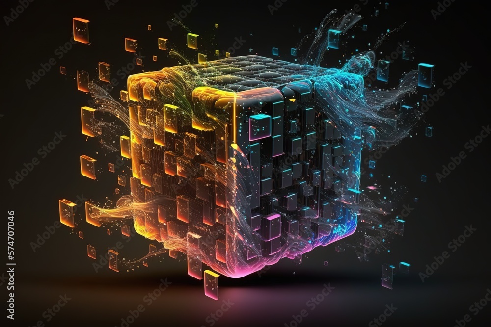 Poster Cube or box consists matrix of digits.Futuristic, modern illustration. Innovative technologies. Generative ai