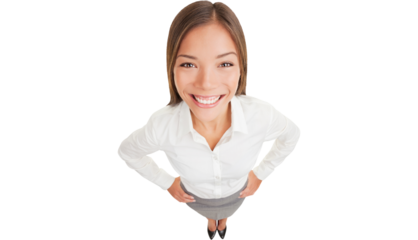 Business woman portrait smiling. Happy businesswoman in high angle view isolated on white background. Mixed race ethnic Asian Chinese / Caucasian businesswoman standing in full length.