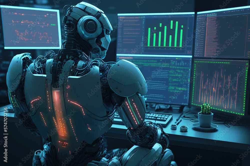 Aufkleber A robot with artificial intelligence is standing with its back.Futuristic, modern illustration. Innovative technologies. Generative ai