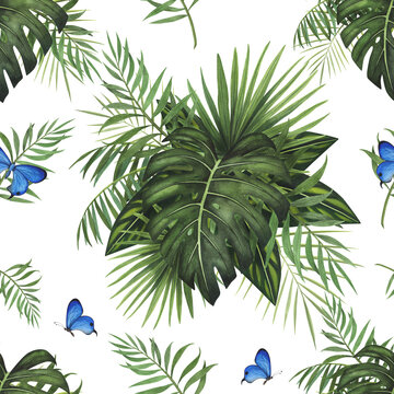 seamless pattern Tropic leaf Monstera, butterfly watercolor isolated on white. Watercolor botanical llustration design