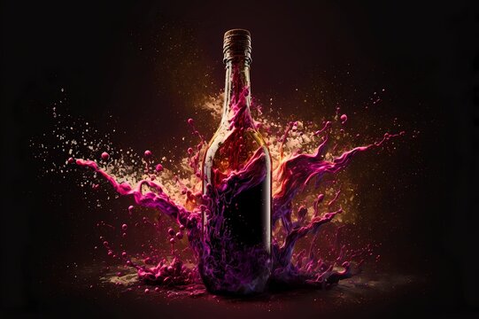 Bottle of wine ink explode as opening excitement celebration winery concept. Beautiful Color coded splash liquid booze shot. Design for advertising drink and alcohol background display. Generative AI 