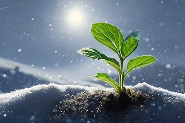 A Tiny Seedling Breaking Through The Snow In Search Of Sun And Growth. Illustration. Generative AI
